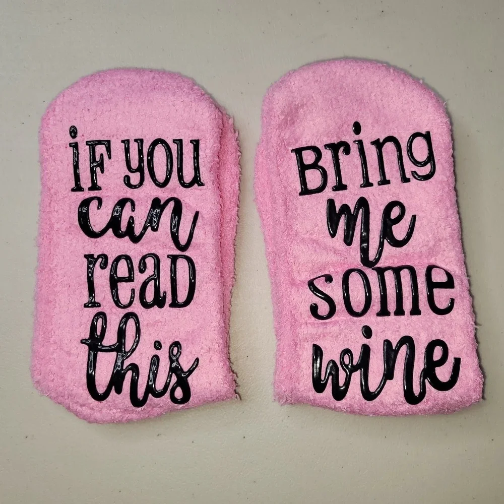 Pink Fuzzy Wine Socks If You Can Read This Bring Me Some Wine Non Slip Grip Cozy